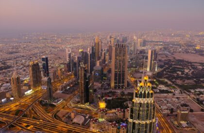 A futuristic skyline of Dubai with upcoming real estate projects and modern architectural designs.