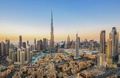 What to Do If Dubai Property Prices Drop – Investor Survival Guide A panoramic view of Dubai’s real estate market with fluctuating price graphs overlaid on modern skyscrapers