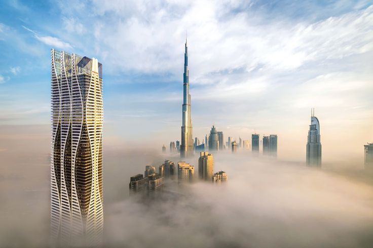 A visual of a modern off-plan property development in Dubai, with architectural renderings and construction progress