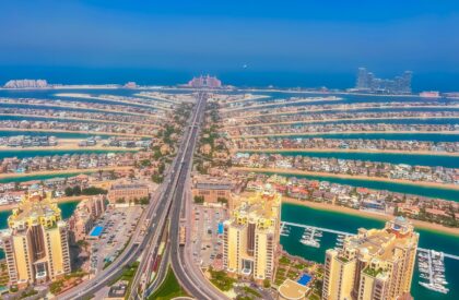 Real estate investor analyzing property data and market trends in Dubai using data analytics tools and dashboards.