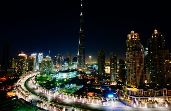 A stunning view of the Dubai Marina skyline at sunset.