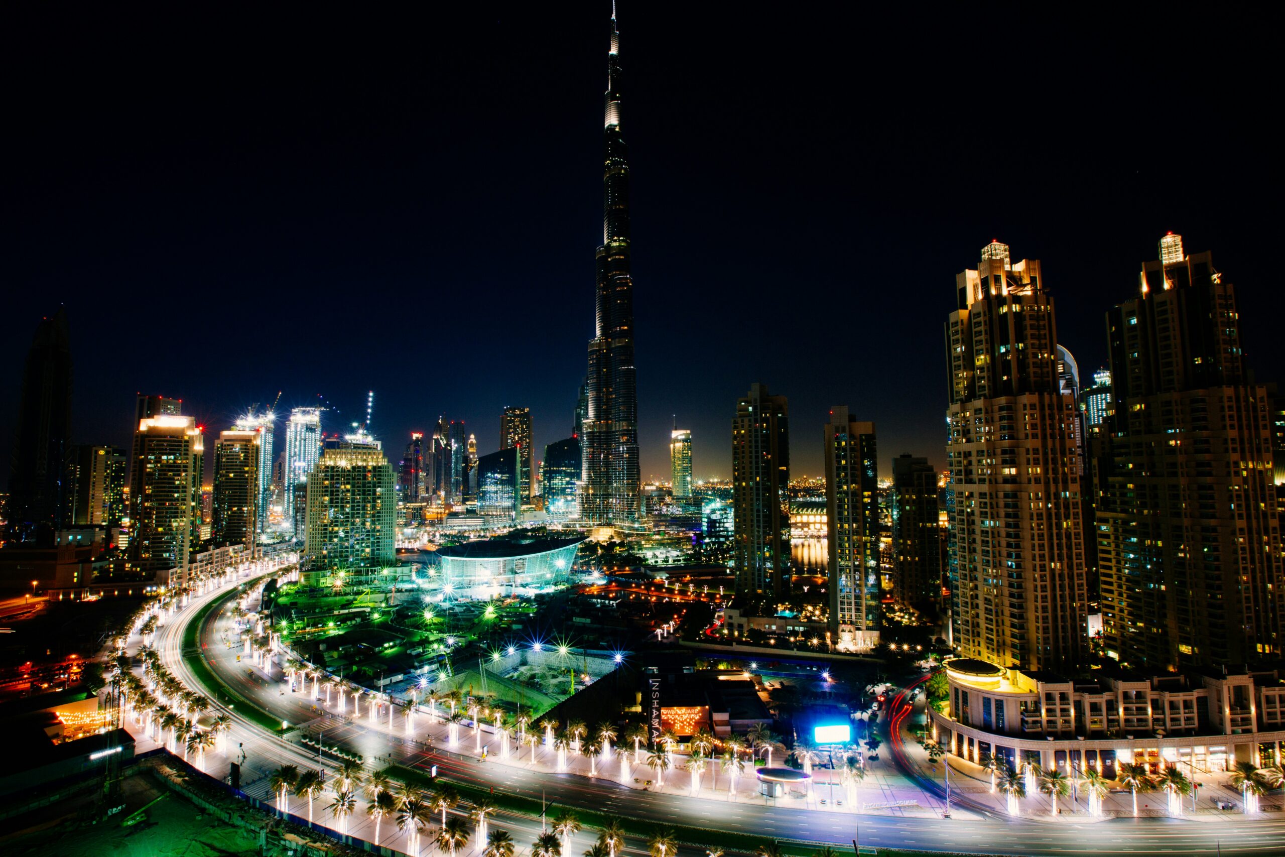 A stunning view of the Dubai Marina skyline at sunset.